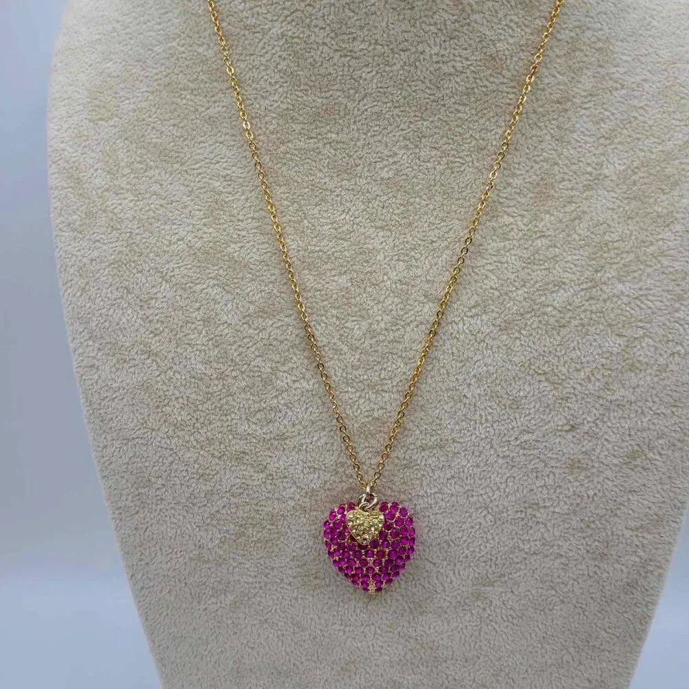 J Crew Red White Pave Double Heart Pendant Gold Tone Chain